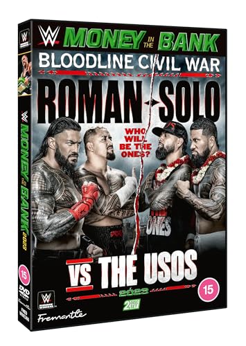 WWE Money in the Bank 2023 DVD cover featuring Roman Reigns and The Usos.