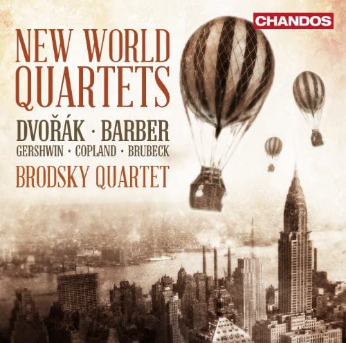 CD cover: hot air balloons over a vintage cityscape, “New World Quartets”.
