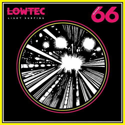 Black vinyl record cover with white and pink abstract radial design.