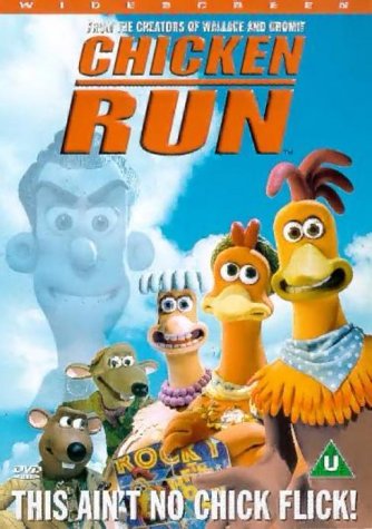 Chicken Run" DVD cover featuring claymation chickens and a farmer.