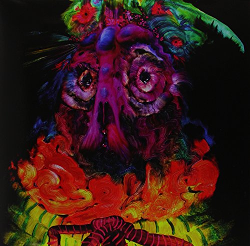 Psychedelic album cover with a distorted, colorful face and fiery details.