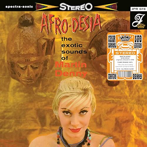 Vinyl record cover for Martin Denny’s “Afro-Desia” featuring a woman and masks.