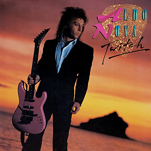 Album cover for Aldo Nova’s “Twitch” featuring a musician with a pink guitar.