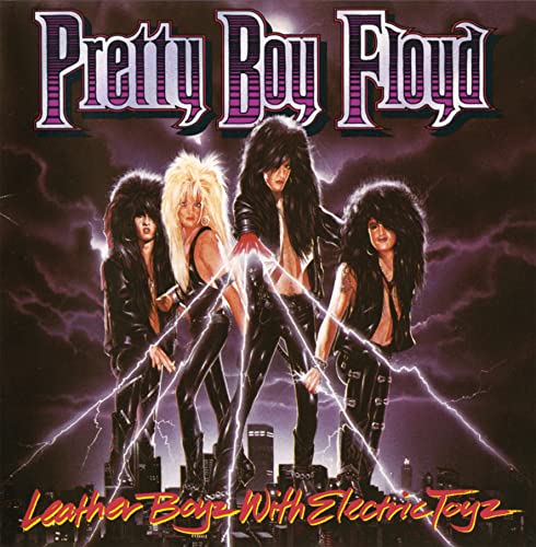 Four glam metal band members with teased hair stand against a stormy city background.