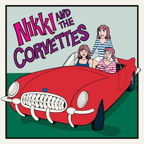 Red Corvette with three women illustrated on album cover art.