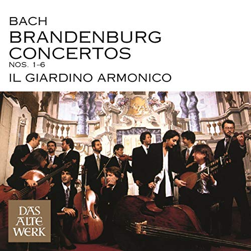 CD cover: Baroque musicians playing instruments, with text “Bach Brandenburg Concertos”.
