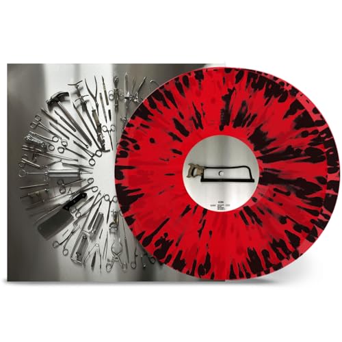 Vinyl record with red and black splatter pattern next to surgical instrument album art.