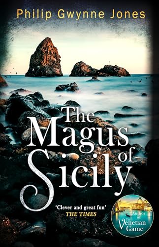 Book cover with rocky coastline and title “The Magus of Sicily”.