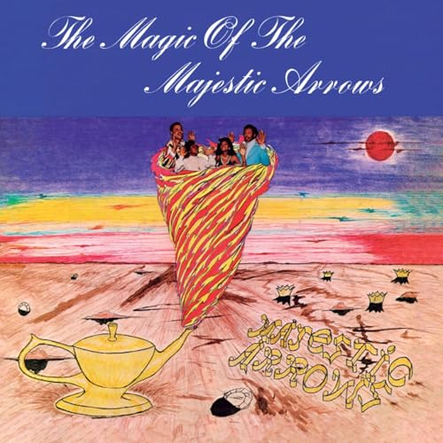 Album cover with figures in a patterned cone, sun, and teapot.