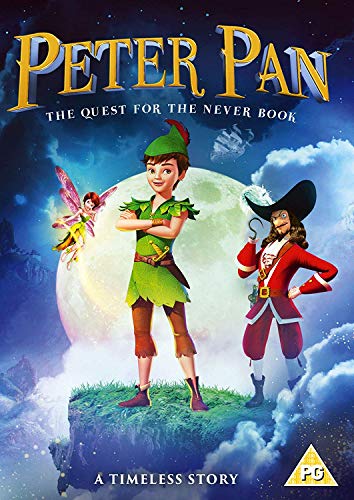 Peter Pan, Tinker Bell, and Captain Hook stand on a floating island against moonlight.