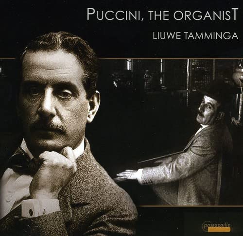 CD cover featuring a black and white portrait of Giacomo Puccini.