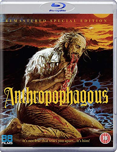 Blu-ray cover art showing a disheveled man eating intestines against a sunset landscape.