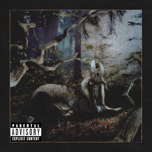 A goat rests in a dark, misty forest with a parental advisory sticker below.