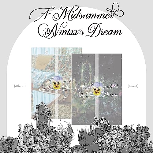 Nmixx album cover: floral designs, “A Midsummer Nmixx’s Dream” text, and scenes.
