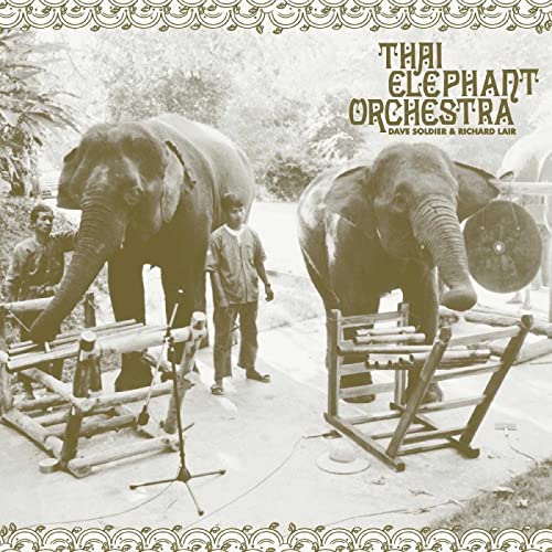 Album cover featuring two elephants playing musical instruments with people.