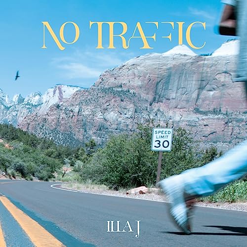 Album cover: desert highway, mountains, speed limit sign, and blurred figure.