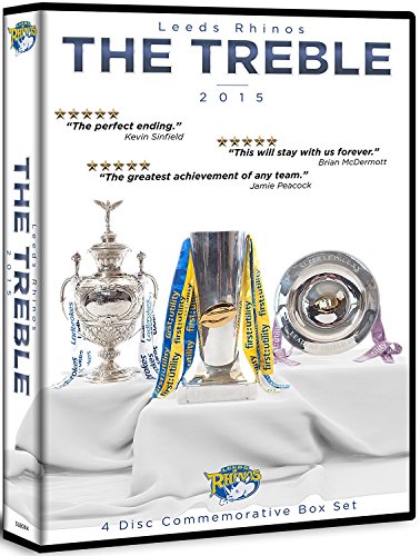 DVD cover for "Leeds Rhinos: The Treble" featuring rugby trophies.