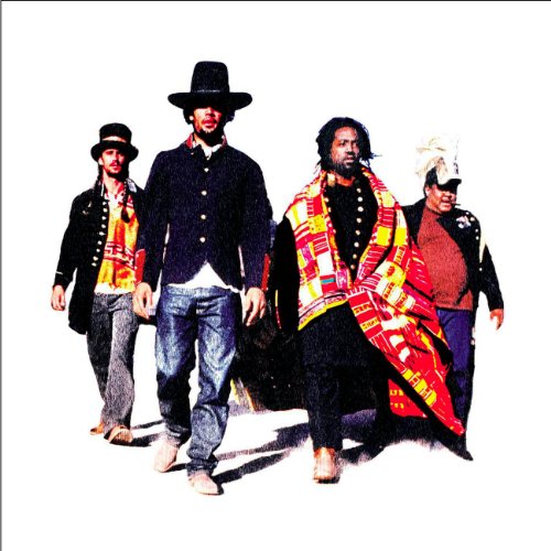 Four men walking, wearing hats and varied clothing, against white background.