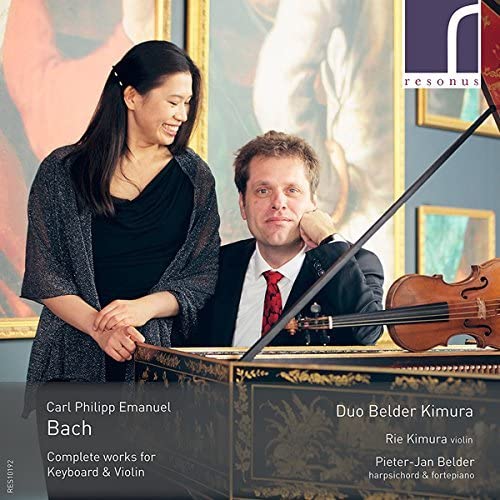 Two musicians with a violin and harpsichord, album cover for C.P.E. Bach.