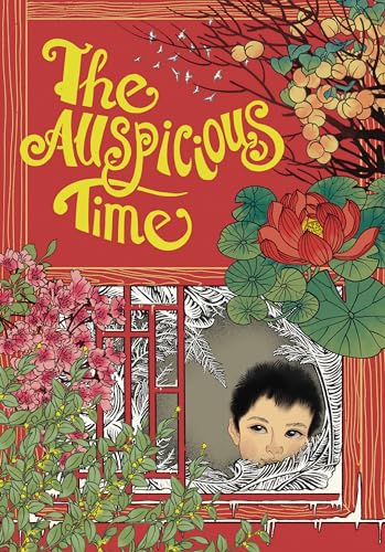 Book cover: red background, floral design, child looking through window.