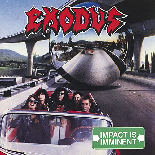 Exodus band members in a convertible facing a giant chrome sphere on a highway.