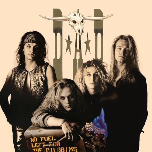 Four band members pose in front of a D.A.D. logo with a cow skull.
