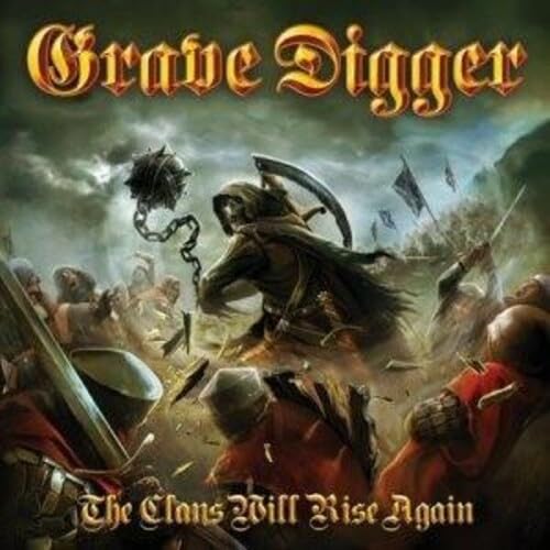 Grave Digger album cover: warrior with sword, battlefield scene, dark sky.