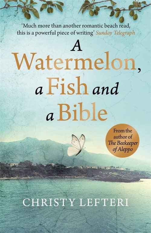 Book cover showing a coastal landscape with a butterfly, olive branches, and title text.
