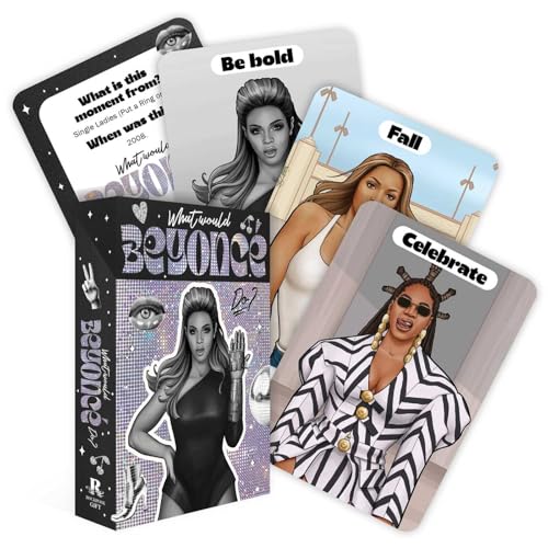 Card deck featuring illustrated portraits of Beyoncé with inspirational text.