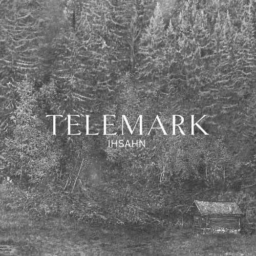 Black and white album cover for Ihsahn’s “Telemark” with forest and cabin.