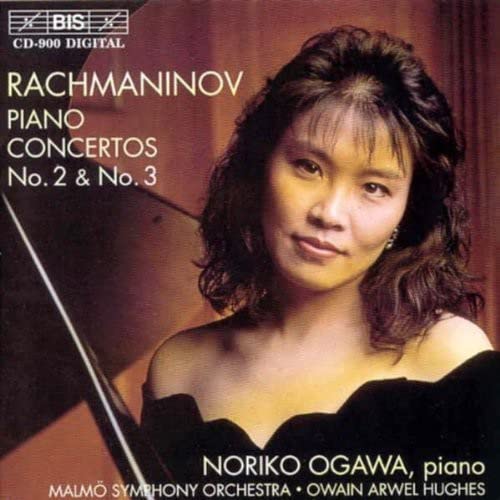 CD cover featuring a portrait of pianist Noriko Ogawa and Rachmaninov concerto titles.