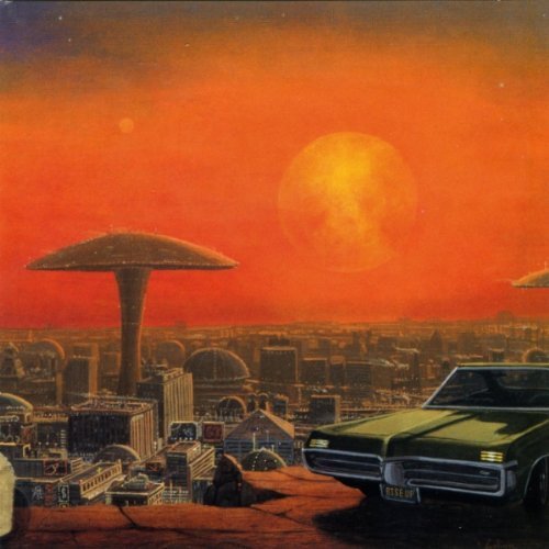 Retro album cover: orange cityscape with a car and large moon.