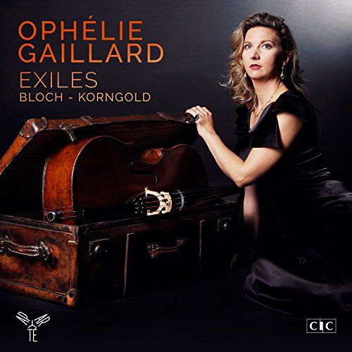 Cellist Ophélie Gaillard with a vintage trunk, album cover for "Exiles".