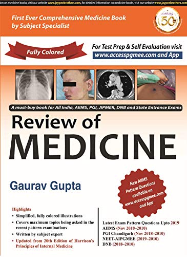 Red and white "Review of Medicine" book cover with medical images and text.