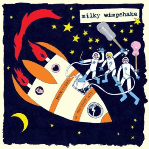 Illustration of astronauts riding a rocket ship with musical instruments.