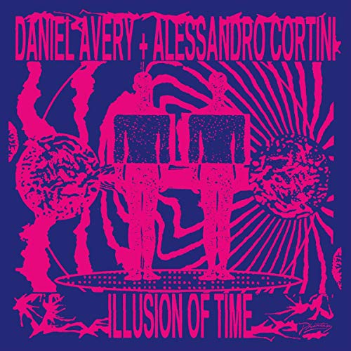 Album cover for Daniel Avery & Alessandro Cortini’s “Illusion Of Time” in pink and blue.