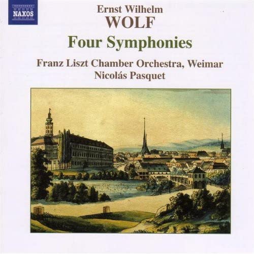 CD cover for Ernst Wilhelm Wolf’s Four Symphonies, with a town landscape.