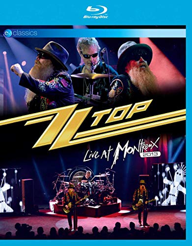 ZZ Top performing live on stage for their Live at Montreux 2013 Blu-ray cover.