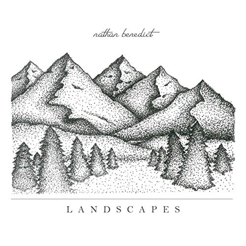 Stippled illustration of mountains and evergreen trees, with album title.