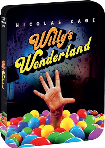 Willys Wonderland" Blu-ray case featuring Nicolas Cage, a hand, and colorful balls.