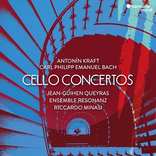 CD cover for cello concertos by Kraft and Bach, abstract red design.