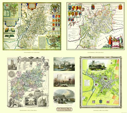 Gloucestershire 1611 - 1836 - Fold Up Map that features a collection of Four Historic Maps, John Speed's County Map 1611, Johan Blaeu's County Map of 1648, Thomas Moules County Map of 1836 and a Plan