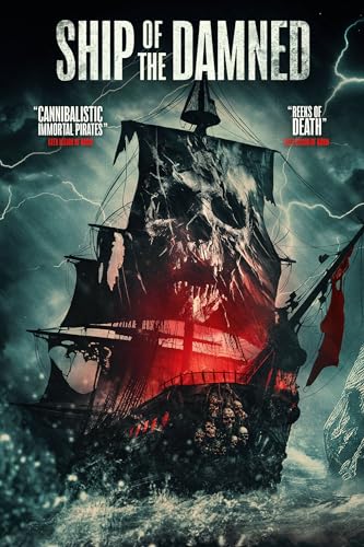 Skull-shaped pirate ship sailing through stormy seas, DVD cover art.