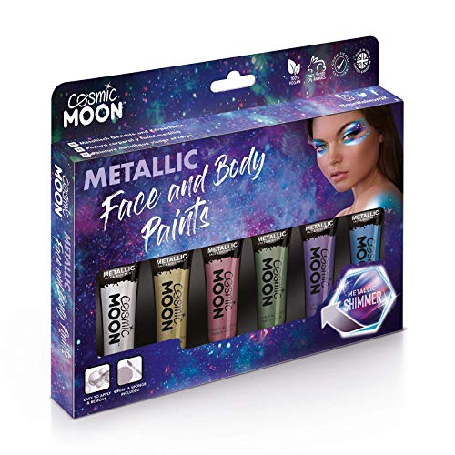 Cosmic Moon - Metallic Face Paint makeup for the Face & Body - 12ml - Create mesmerising metallic face paint designs! - Gift Set - Includes: Pink, Gold, Blue, Green, Silver, Purple