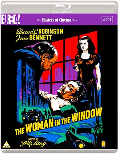 Blu-ray cover art for The Woman in the Window featuring illustrated figures and cars.