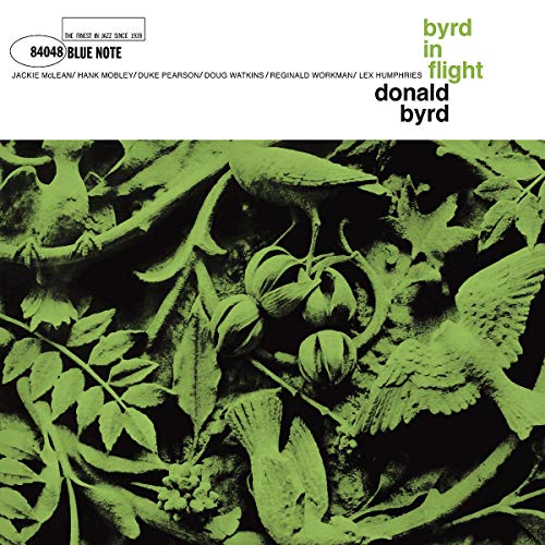 Green-toned album cover for Donald Byrd’s “Byrd In Flight” with birds and foliage.