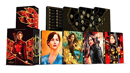 The Hunger Games" Blu-ray collection with character artwork and black packaging.