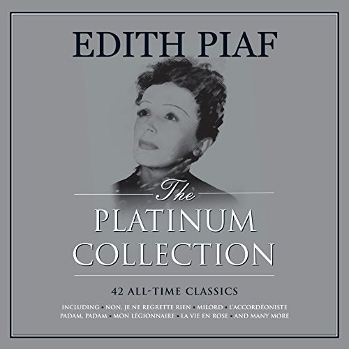 Album cover for Edith Piaf's Platinum Collection featuring a black and white portrait.