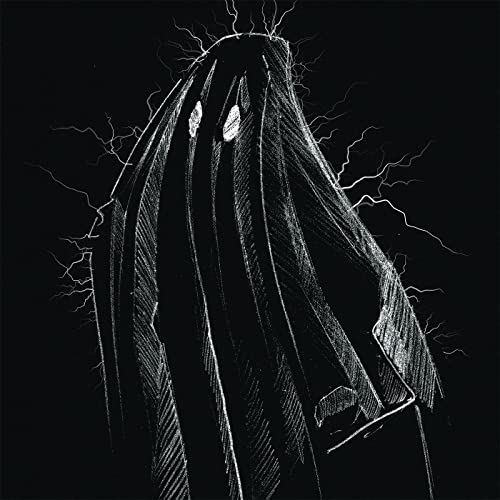 Black and white sketch of a ghost with glowing eyes, surrounded by sparks.