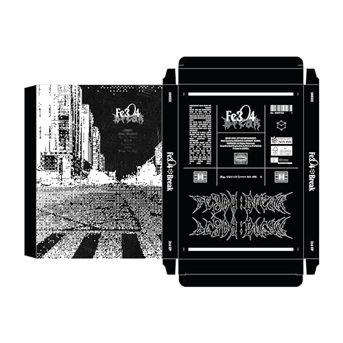 Black and white album packaging for Nmixx’s “Fe3o4: Break” with city imagery.